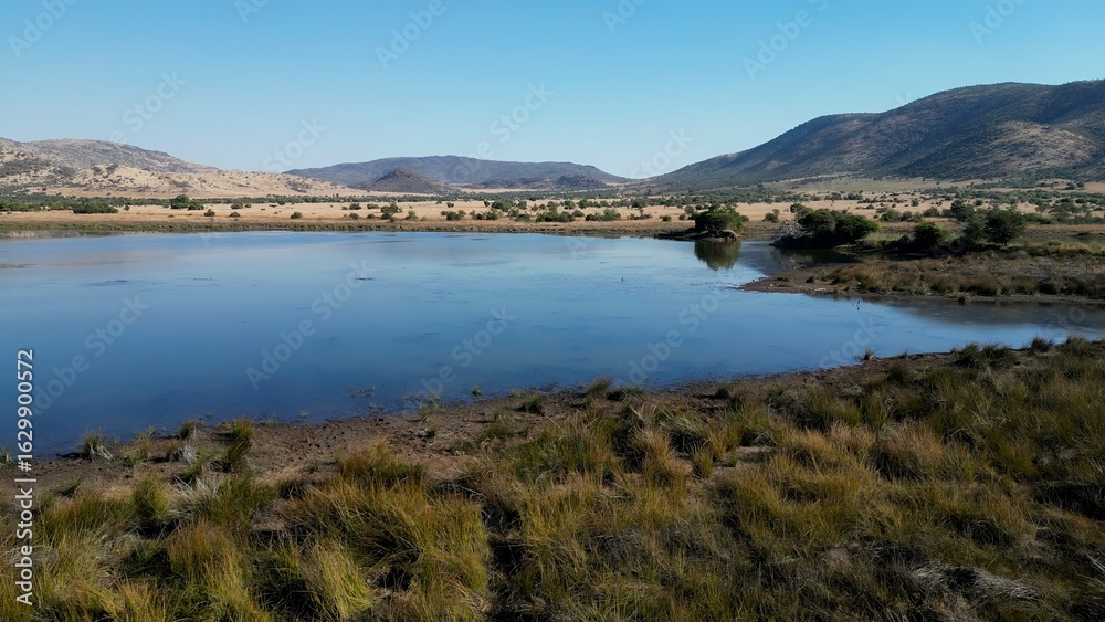 Obraz premium African Lake In Rustenburg North West South Africa. Wildness Safari Scene Of Game Drive With Big Five Animals. Nature Clouds Sky Sky Forest. Nature Panoramic. Rustenburg North West.