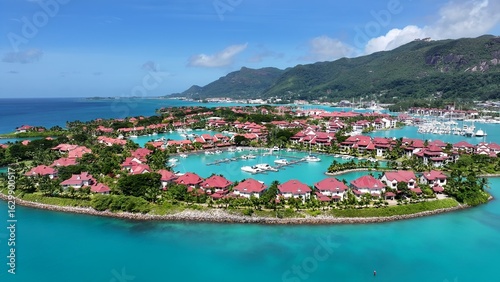 Eden Island In Victoria Mahe Island Seychelles. Aerial View Of Stunning Beach With Crystal Clear Waters. Coast Clouds Seaside Summertime. Outdoors Seaside Scenic Coastline. Victoria Mahe Island.