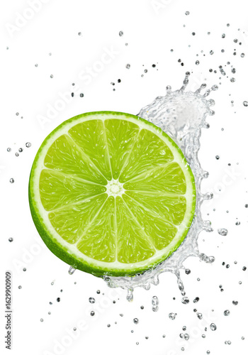 Fresh lime slice splashing in water isolated on transparent background