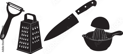 Kitchen Utensils Silhouettes Including Grater Knife and Juicer tools cooking