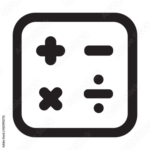 Minimalist calculator icon showing addition, subtraction, multiplication, and division. Line art graphic symbol for mathematics.