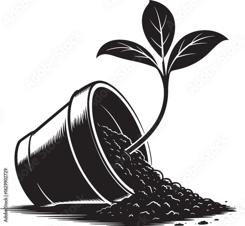Overturned Flower Pot with Spilled Soil and Growing Plant Silhouette Vector Illustration Design