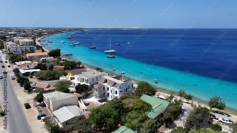 Obraz premium Caribbean Skyline In Kralendijk Bonaire Netherlands Antilles. Capturing The Beauty Of A Tropical Beach From Above. Island Life Landscape Peaceful Beautiful. Island Life Watercolor Coast.