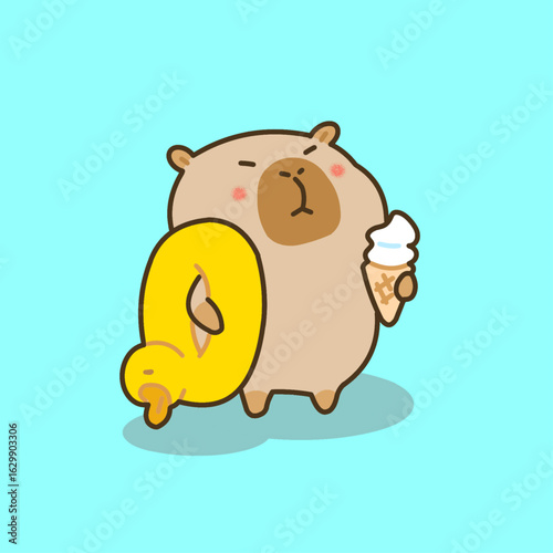 A cute vector illustration of a happy capybara carrying a duck float and a handful of ice cream treats during a sunny summer day. 