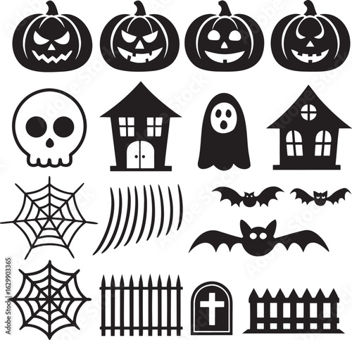 Collection of black Halloween silhouette icons for holiday design