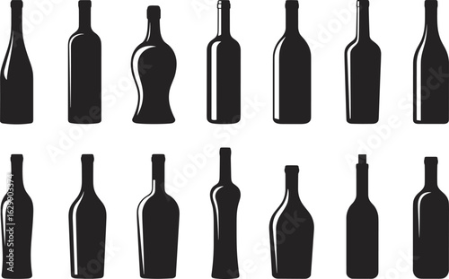  Minimal black wine bottle silhouettes, alcohol container vector set, simple glass shapes, modern beverage icon collection for branding, desi.eps