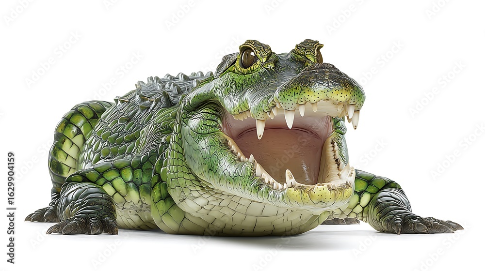 Fototapeta premium Green Caiman Croc with Open Mouth, Isolated on White Wildlife, and Predator.