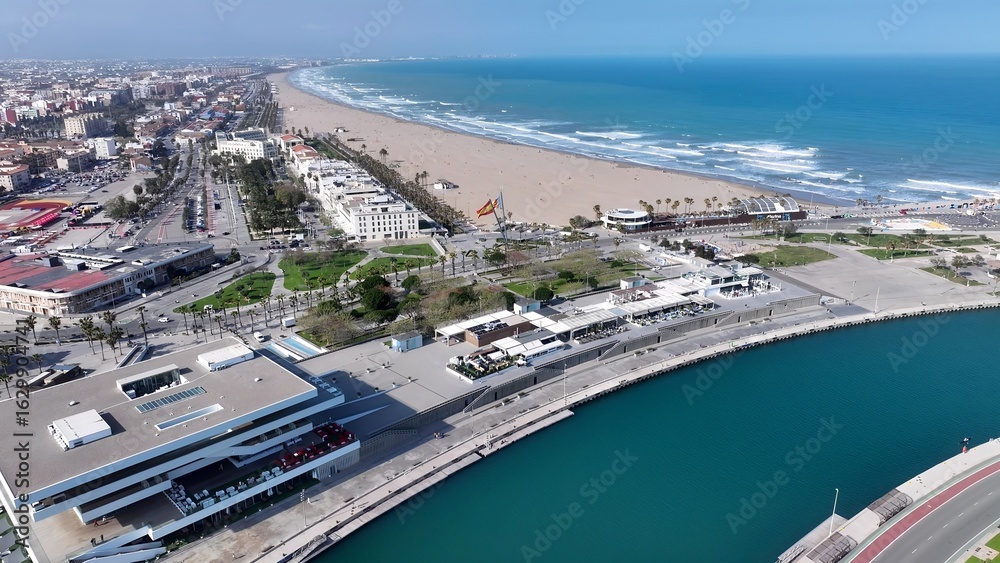 Fototapeta premium Valencia Skyline In Valencia Valence Community Spain. Breathtaking Aerial View Of A Lush Tropical Coastline Scenery. Deserted Skyline Heaven Amazing. Heaven Waterfront Shore.