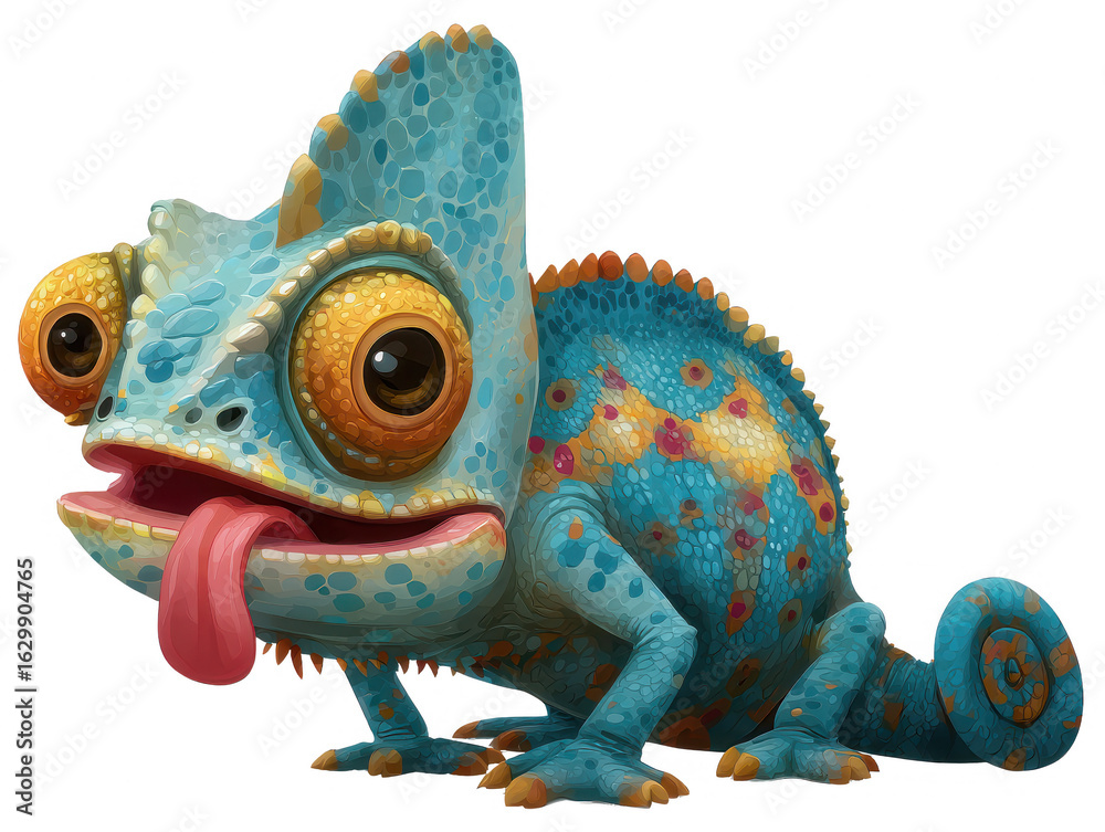 Obraz premium Cartoon Chameleon Illustration Teal Yellow and Orange Tones Large Eyes and Protruding Tongue