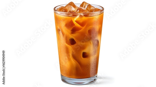 Iced Latte Refreshing coffee beverage with ice cubes on white background.