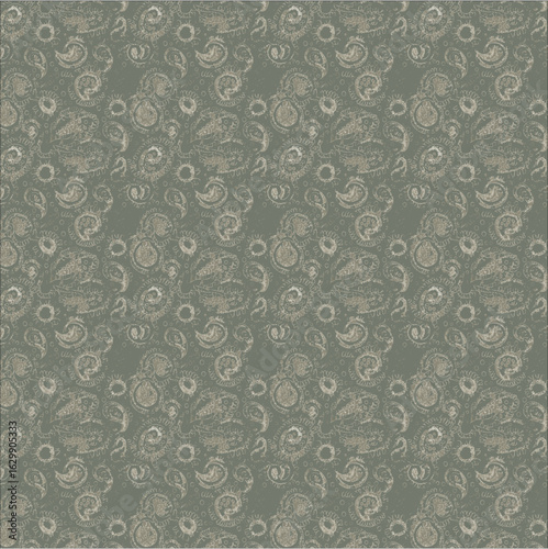 a seamless surface pattern featuring stylized floral and paisley-inspired motifs in a spacious