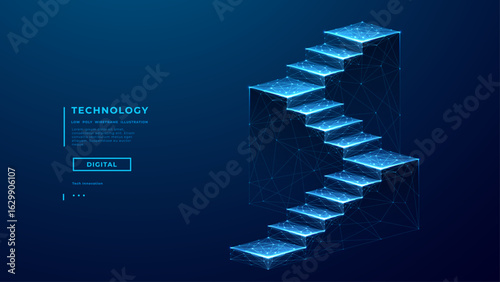 Technology staircase up with four podiums. Business technology template. Success career growth concept. Leadership and Goal. Digital path. Vector illustration in futuristic polygonal wireframe style.