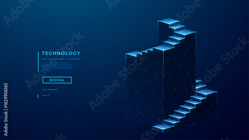 Abstract flight of stairs.Career boosting concept. Digital stairway on a technology blue background. Business success, mission, and vision. Futuristic tech bg. Low poly wireframe vector illustration.