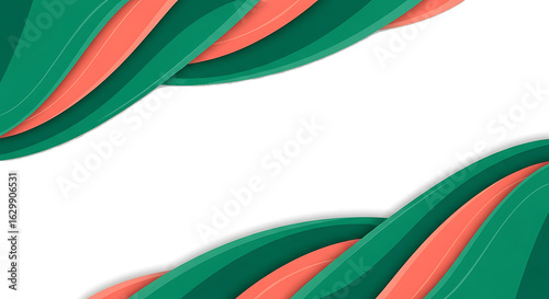 Dynamic Teal and Coral Wavy Abstract Shapes with Layered Paper Cut Style.