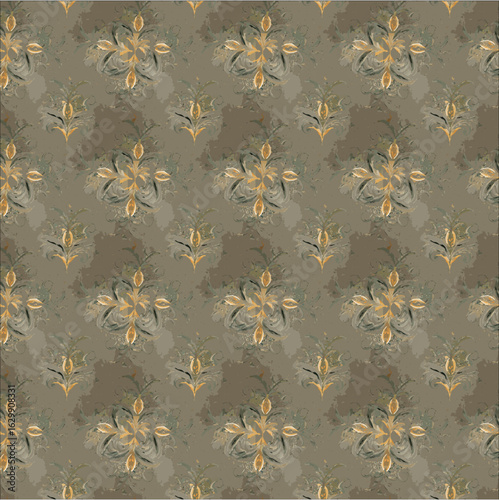 a seamless surface pattern featuring stylized floral and paisley-inspired motifs in a spacious