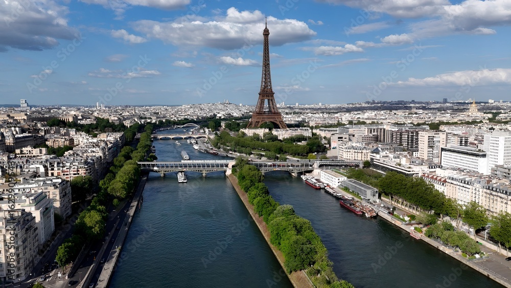 Fototapeta premium Eiffel Tower In Paris Island Of France France. Aerial Landscape Of Famous Tourism Landmarks In France Capital. Metropole Landscape Company Building Vibrant. Metropole Corporate Town.