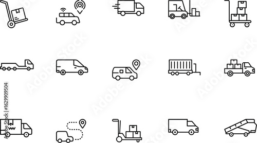 Moving vehicles and equipment icons with truck, forklift, van, and cargo
