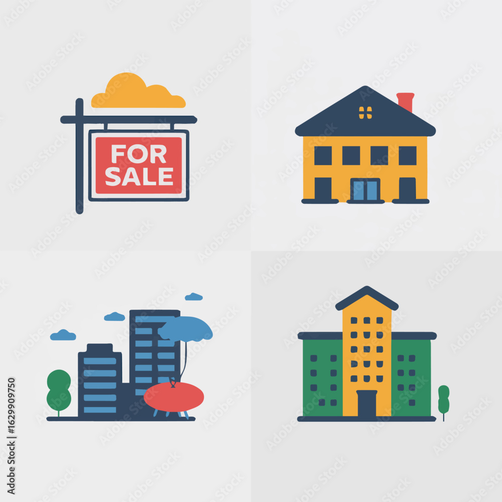 Fototapeta premium Four real estate icons showing a for sale sign house city buildings and apartment complex in a flat style