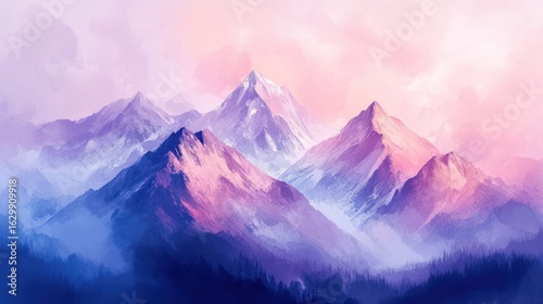 Majestic purple and pink mountain range at sunrise, shrouded in mist.