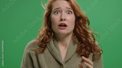 young woman screaming reacting in shock green screen
