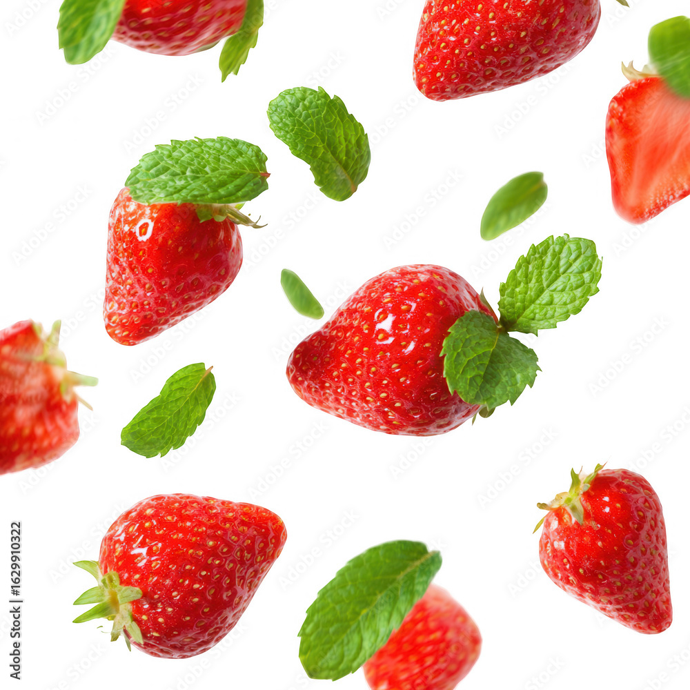 Falling fresh strawberries with mint leaves, png, transparent Falling fresh strawberries with mint leaves, png, transparent