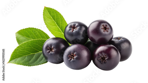 Aronia berries with green leaves isolated on transparent background