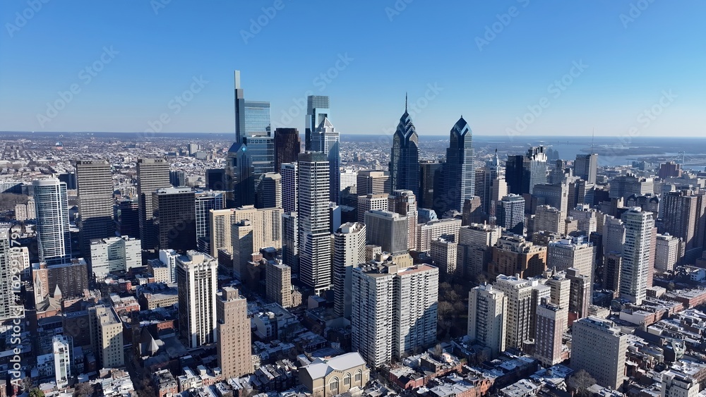 Obraz premium Philadelphia Skyline In Philadelphia Pennsylvania United States. Bustling Downtown Cityscape With Modern Buildings. Town Sky Clouds Backgrounds Urban. Town Panorama. Philadelphia Pennsylvania.