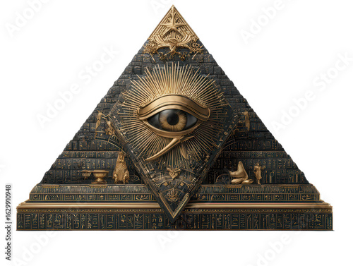Gold Eye of Providence Pyramid with Hieroglyphs Ancient Egyptian symbolism detailed 3D rendering