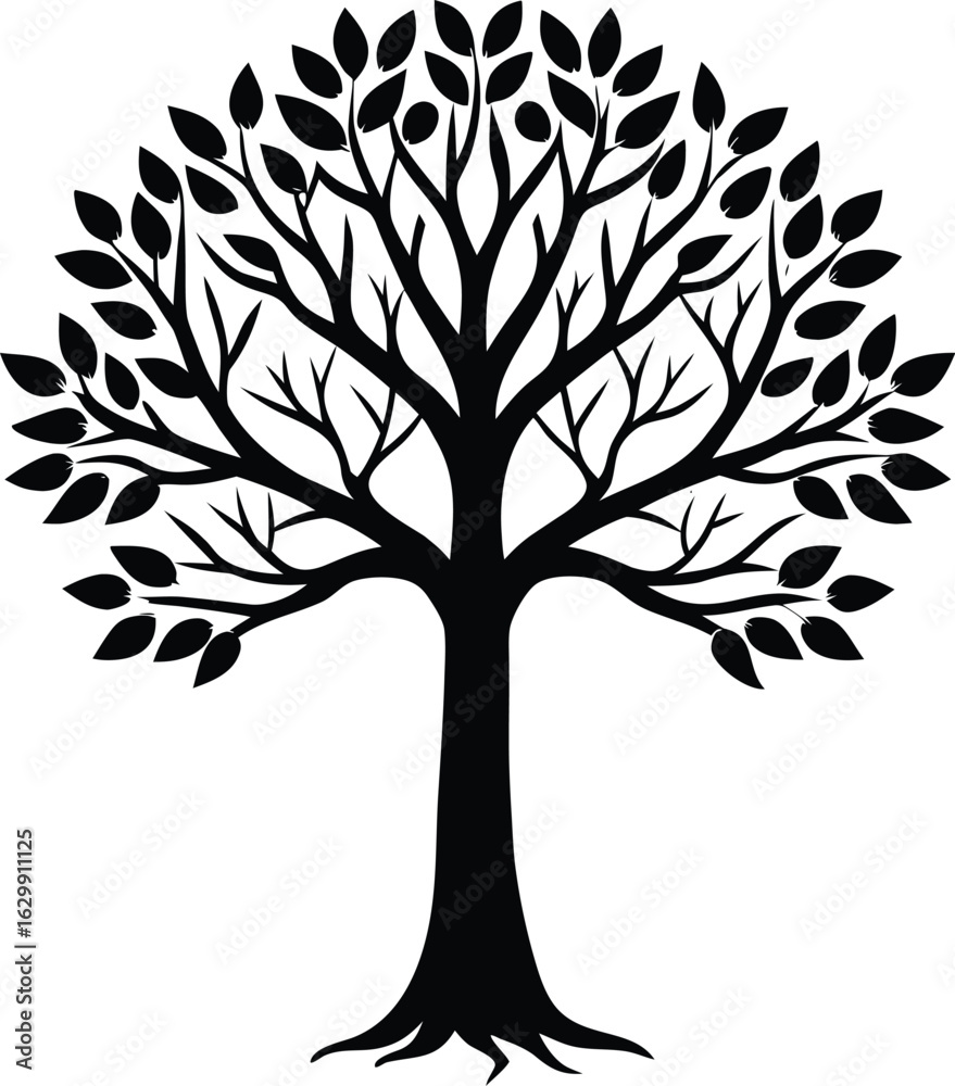Obraz premium Stylized silhouette of a single tree with a thick trunk and spreading branches against a plain background