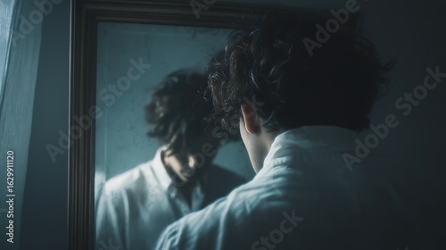 a person looking into a mirror, but the reflection shows a completely different outfit and emotion, symbolizing inner conflict and not recognizing oneself, emotional realism, 
