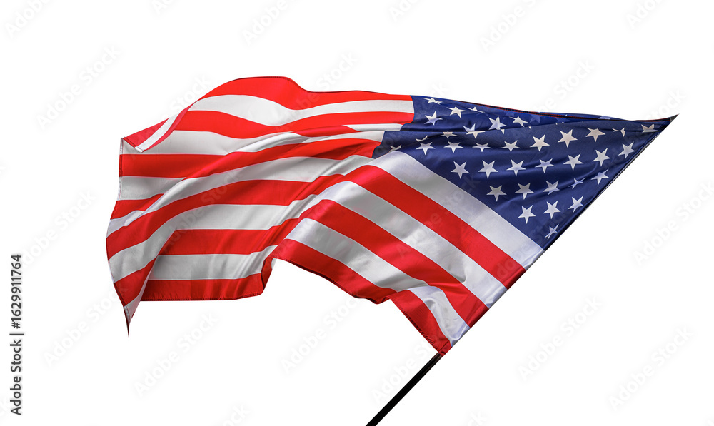 Obraz premium The American flag waves proudly against a white background, symbolizing national pride and freedom.