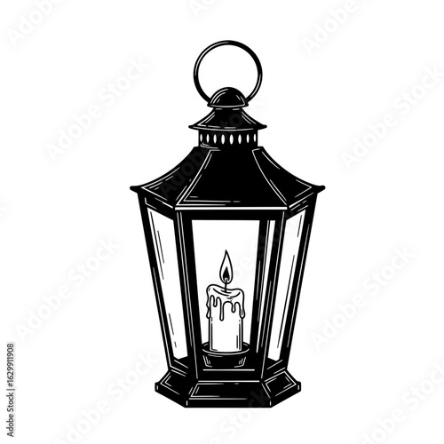 Illustration of an ornate lantern with candle inside silhouette