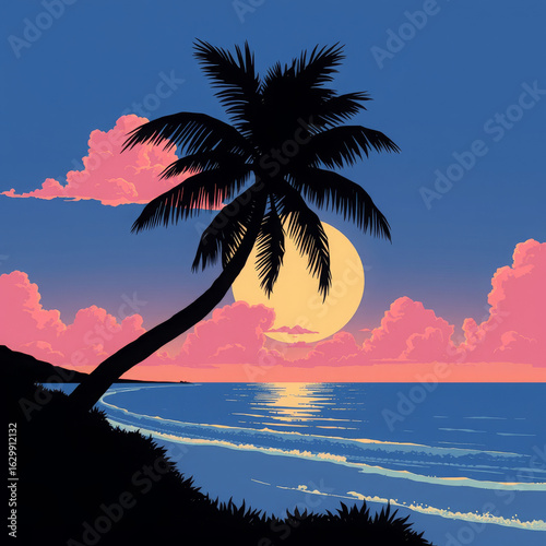 A Vector of a Large Palm Tree  Silhouette at Sunset in Bold Colors
