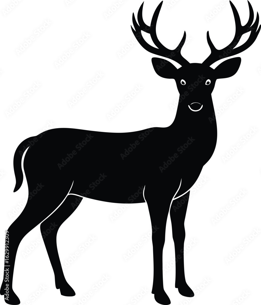 Fototapeta premium Black Deer Silhouette with Antlers on White Background