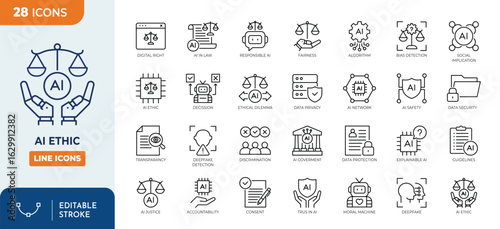 Ai ethics line editable icons set. Containing fairness, transparency, guidelines, artificial intelligence, ethical dilemma, explainable AI, and more. editable stroke. vector illustration
