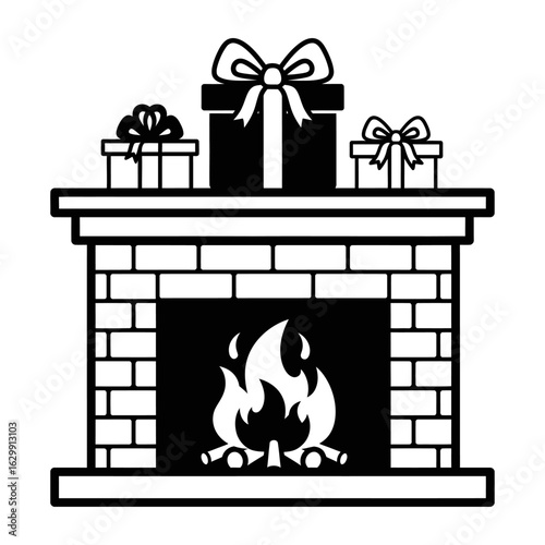 A black and white illustration of a fireplace with presents on top of the mantelpiece design