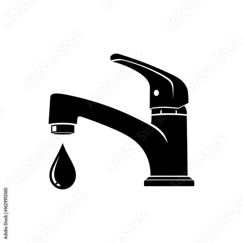 A black and white illustration of a faucet with a water drop on a white background in a simple style