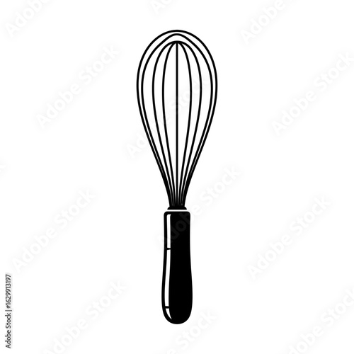 A simple black and white illustration of a kitchen whisk with a dark handle on a white background