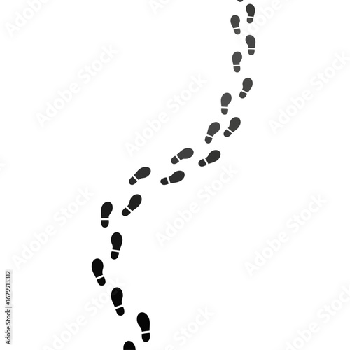 A trail of black footprints receding diagonally across a stark white background in a minimalist style