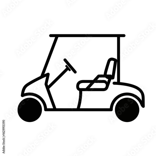 A simple outline of a golf cart with a steering wheel seat and wheels on a white background image