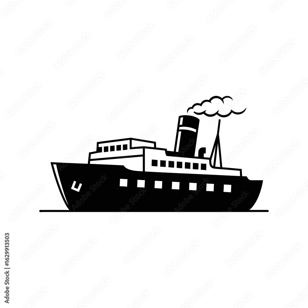 Obraz premium A black and white illustration of a ferry boat with smoke coming from the smokestack on a white background