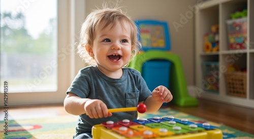 Gelukkig kind speelt vrolijk met kleurrijk xylofoon zacht zonlicht. AI Generated