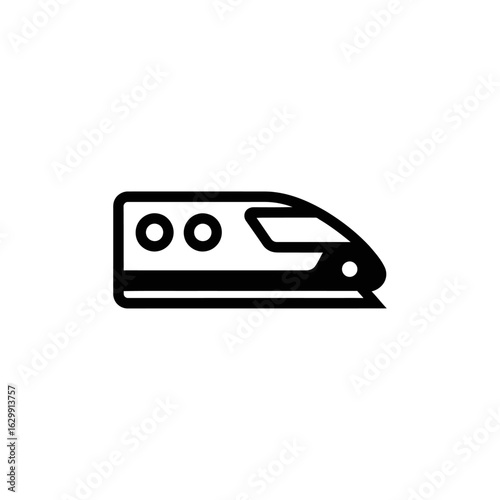 A simple black and white illustration of a train with two circular windows and a slanted front end