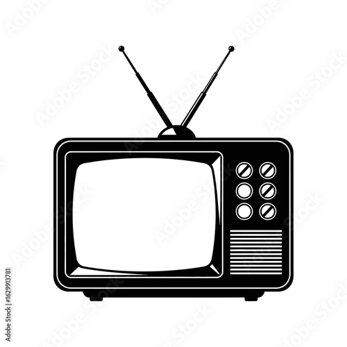 A retro television set with antenna in black and white vector illustration on a white background