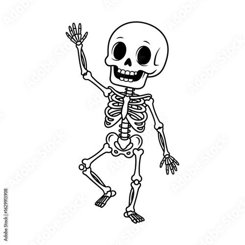 A cartoon skeleton waving with one arm raised and one leg lifted on a white isolated background