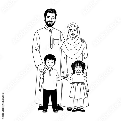 A black and white line drawing of a muslim family posing together with a father mother and two children