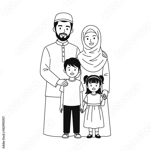 A line drawing of a muslim family posing together with a father mother son and daughter smiling happily