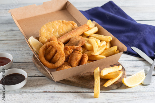 Delicious Seafood Feast on a Rustic Wooden Tray