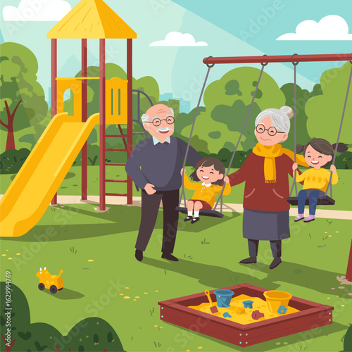 Happy Grandparents and Grandchildren Playing on Swings at Outdoor Park Playground Illustration