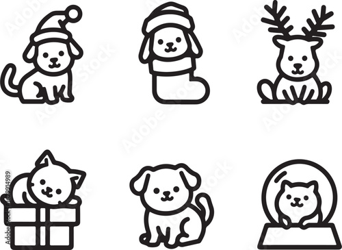 Cute festive pets icons dog cat reindeer holiday cheer